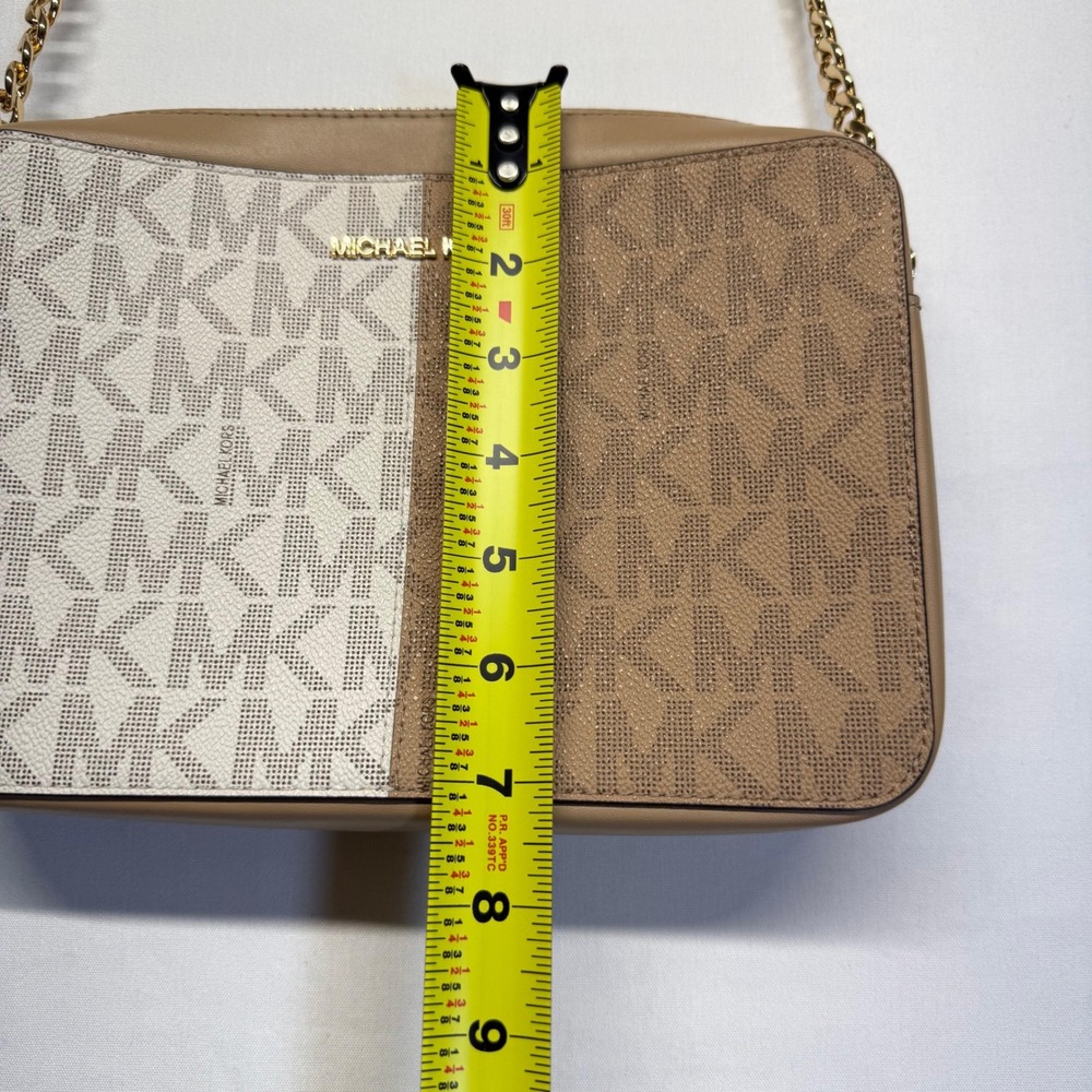 Michael Kors Neutral Colorblock MK Logo Crossbody Chain Purse Vanilla Camel - Picture 9 of 11